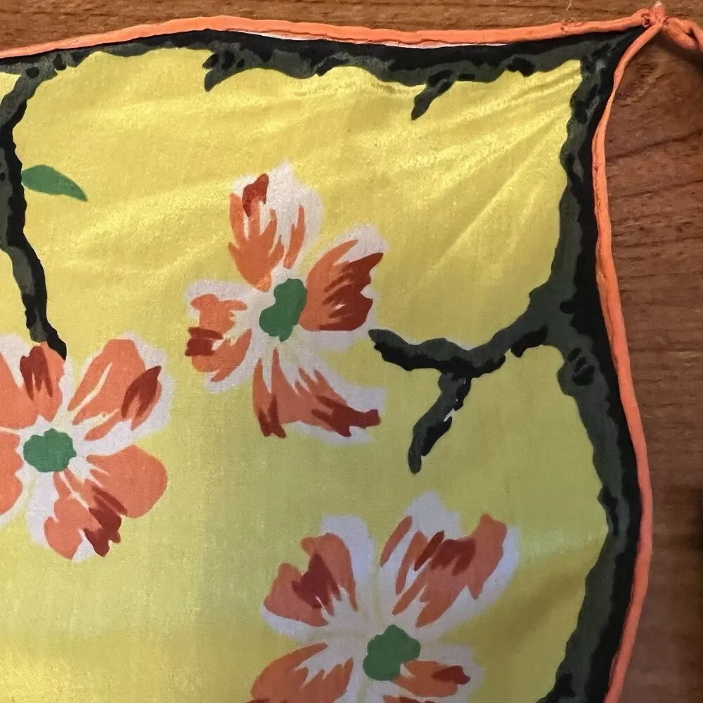 Vintage Asian Floral Silk Hanky Scarf Scalloped Edges Yellow Double Hankie *READ